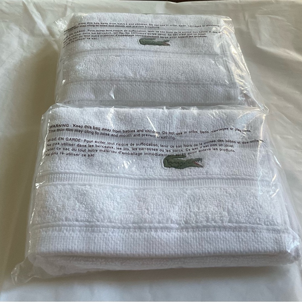 LACOSTE  White 2 Hand Wash Towels 100% Cotton-New In Package
